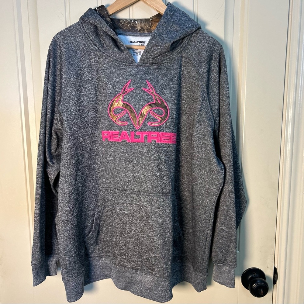 Realtree Women’s Heather Gray Hoodie with Pink Camo Logo, Hunting Fishing , XL